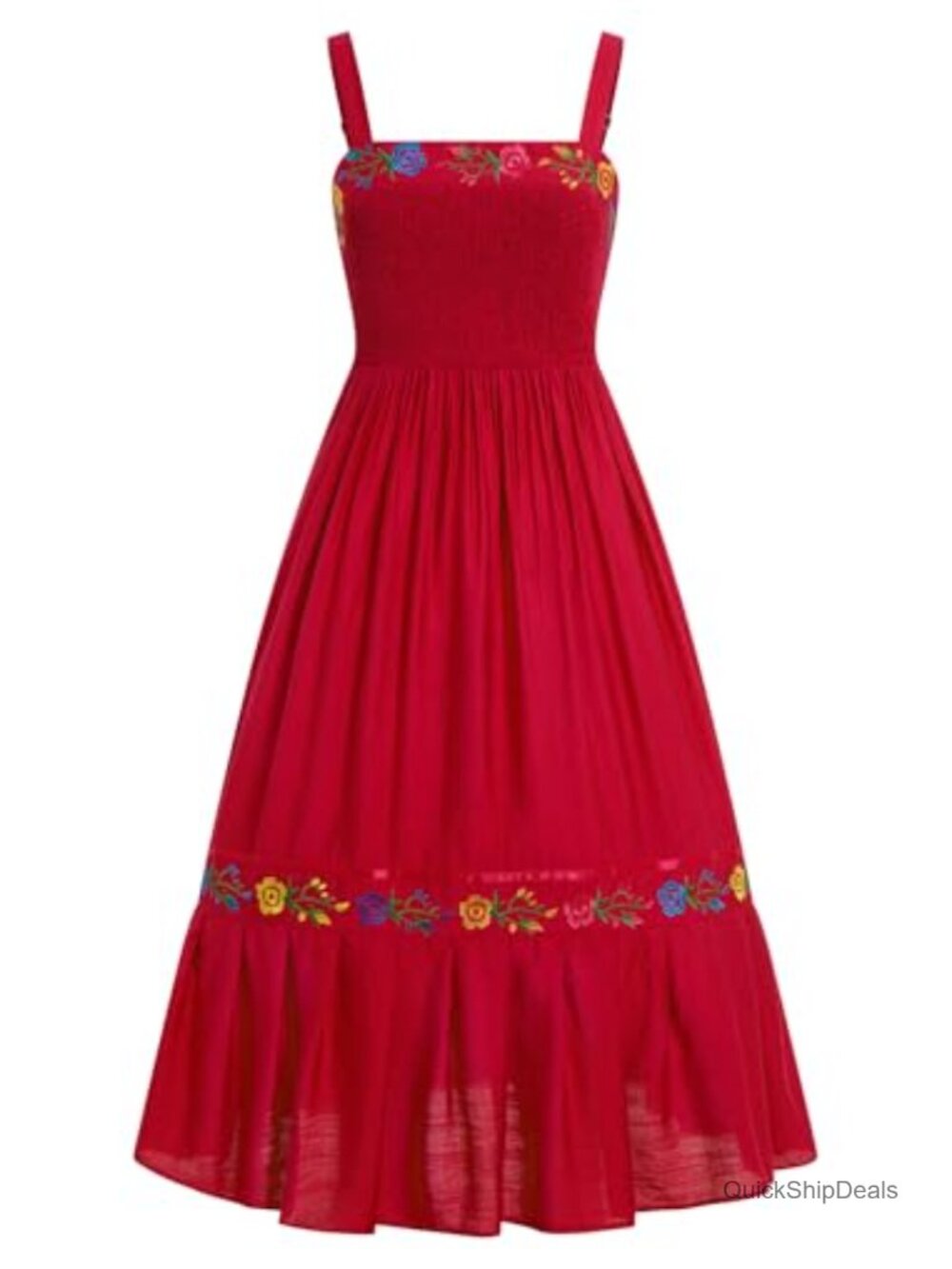 Womens Floral Embroidery Maxi Dress Smocked Spaghetti Strap Fiesta Costume